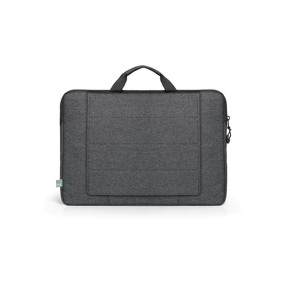 Dunkelgraue Laptoptasche mit Tragegriff und Reißverschluss.