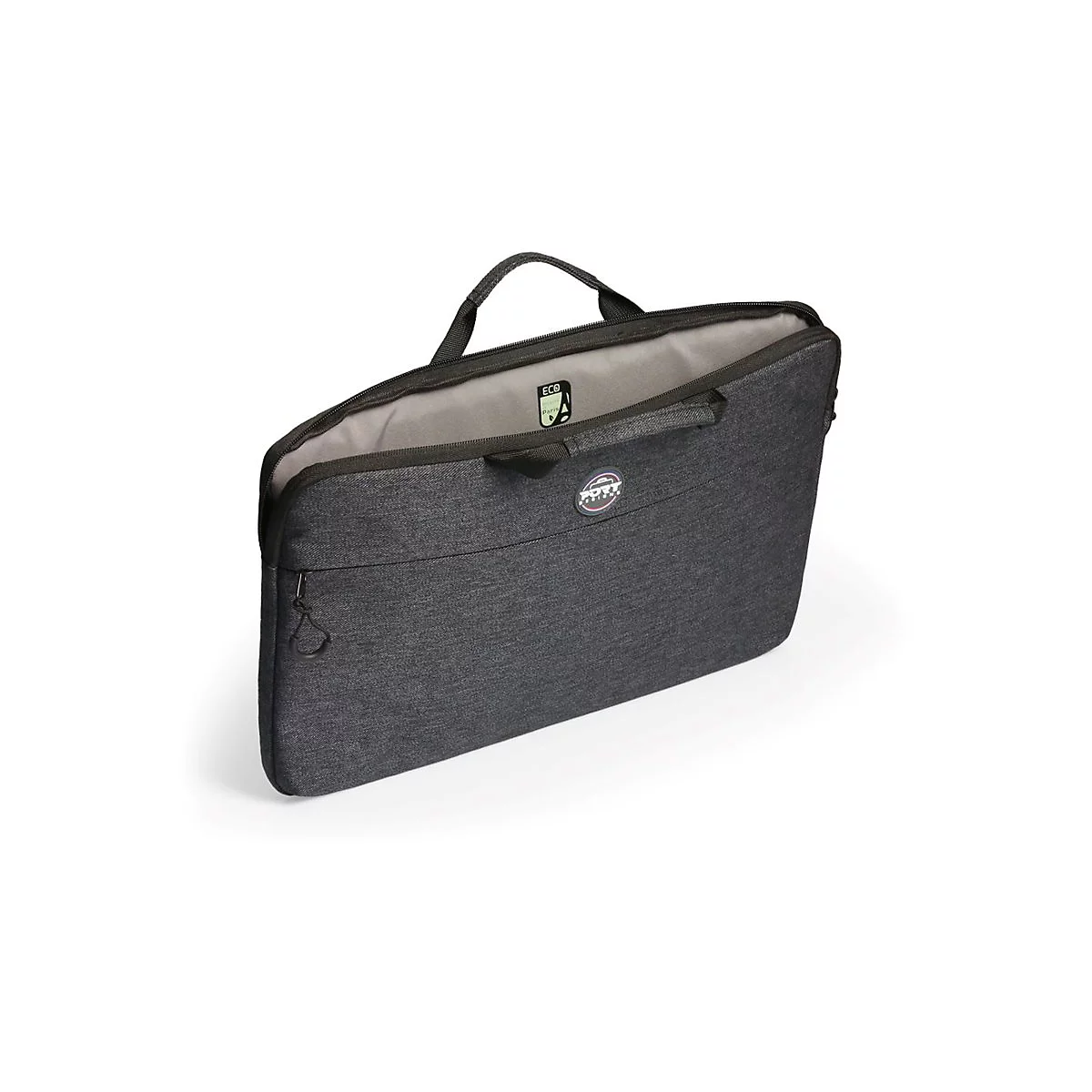 Dunkelgraue Laptoptasche mit Tragegriff und Reißverschluss, Logo vorne.