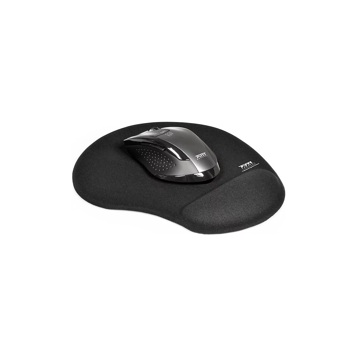 Schwarzes Mauspad mit Handgelenkauflage und silberner Maus. Logo von 'Port Designs' auf Maus und Pad.