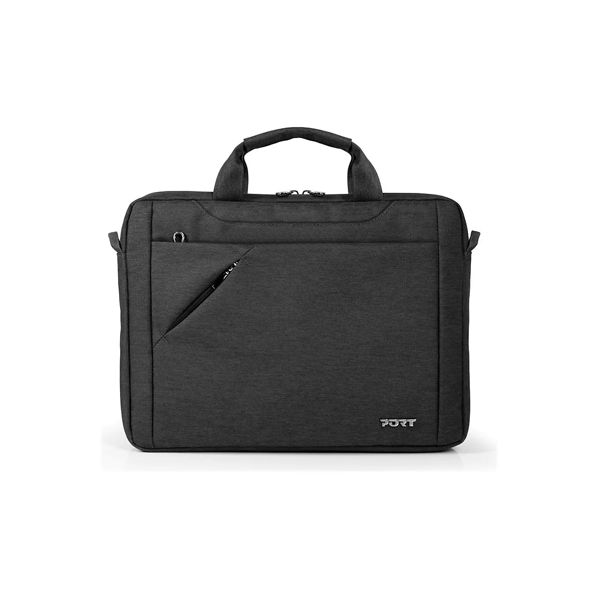 Schwarze Laptoptasche mit Tragegriff. Reißverschlusstasche vorne, Logo PORT.