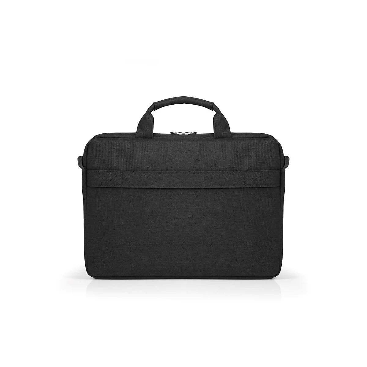 Schwarze Laptoptasche mit Tragegriff und Reißverschluss, isoliert auf weißem Hintergrund.