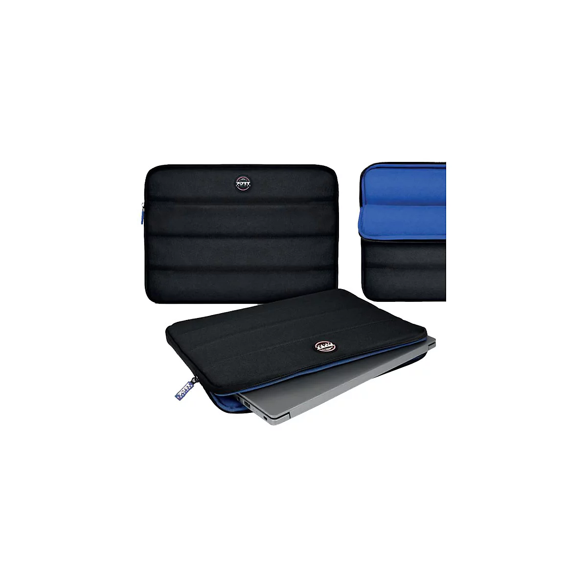 Schwarze Laptop-Tasche mit Reißverschluss, zeigt das Logo der Marke. Das Innenfutter ist blau.