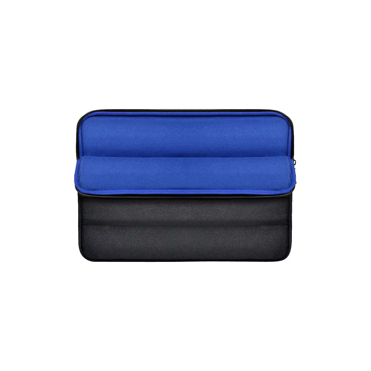 Schwarze Laptoptasche mit blauer Innenauskleidung, teilweise geöffnet.