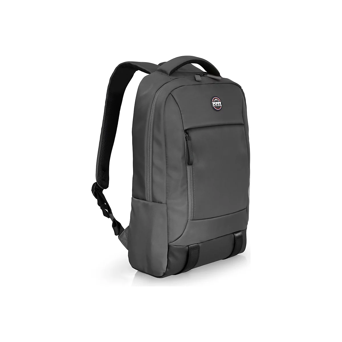 Grauer Rucksack mit schwarzem Tragegriff und TrÃ¤gern. Oben Logo, vorne eine Tasche, unten schwarzer Einsatz.