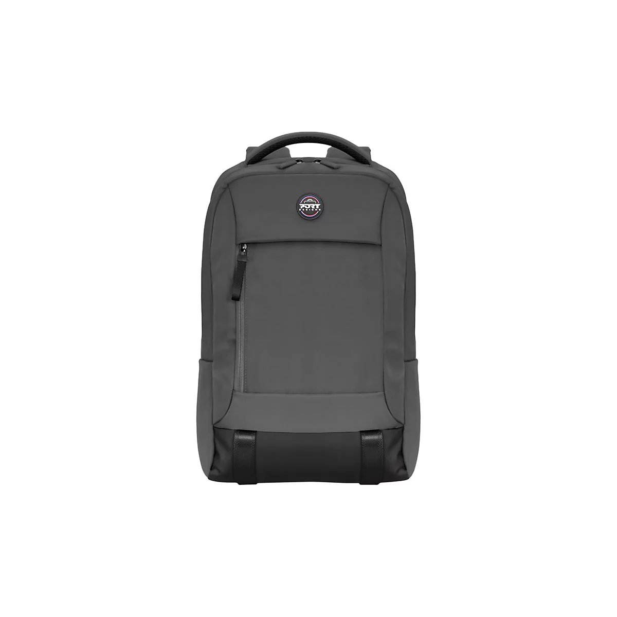 Grauer Laptop-Rucksack mit Port Design Logo. Schwarzer Griff oben, ReiÃŸverschluss, schwarze Basis.