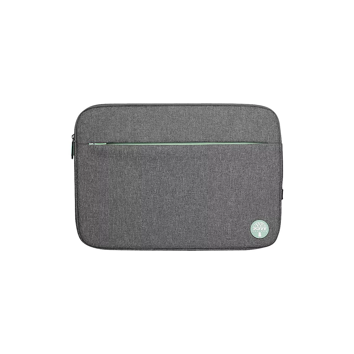 Graue Laptoptasche mit einem hellgrünen Reißverschluss und Logo.