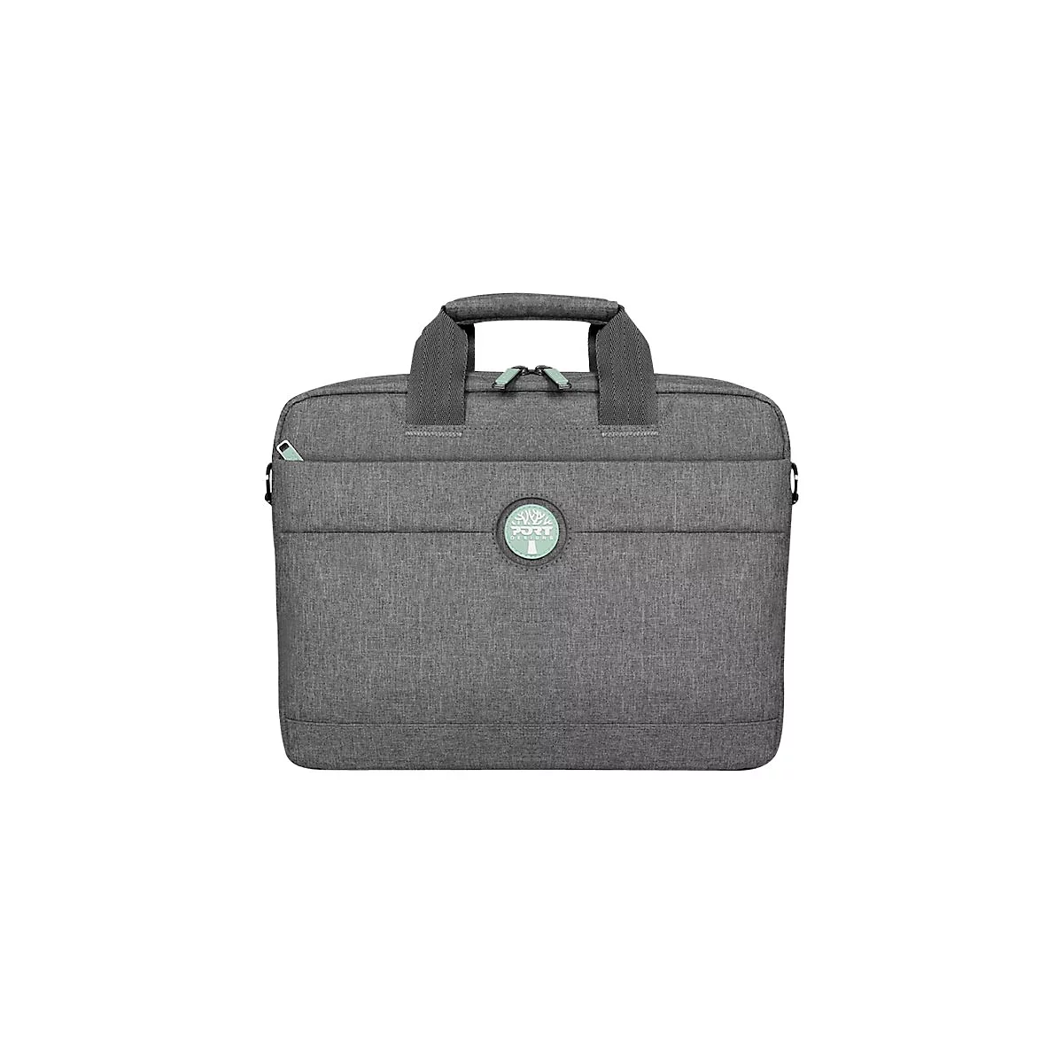 Graue Laptoptasche mit Tragegriffen und einem Logo mit Baum. Reißverschlüsse und Logo in Mintgrün.