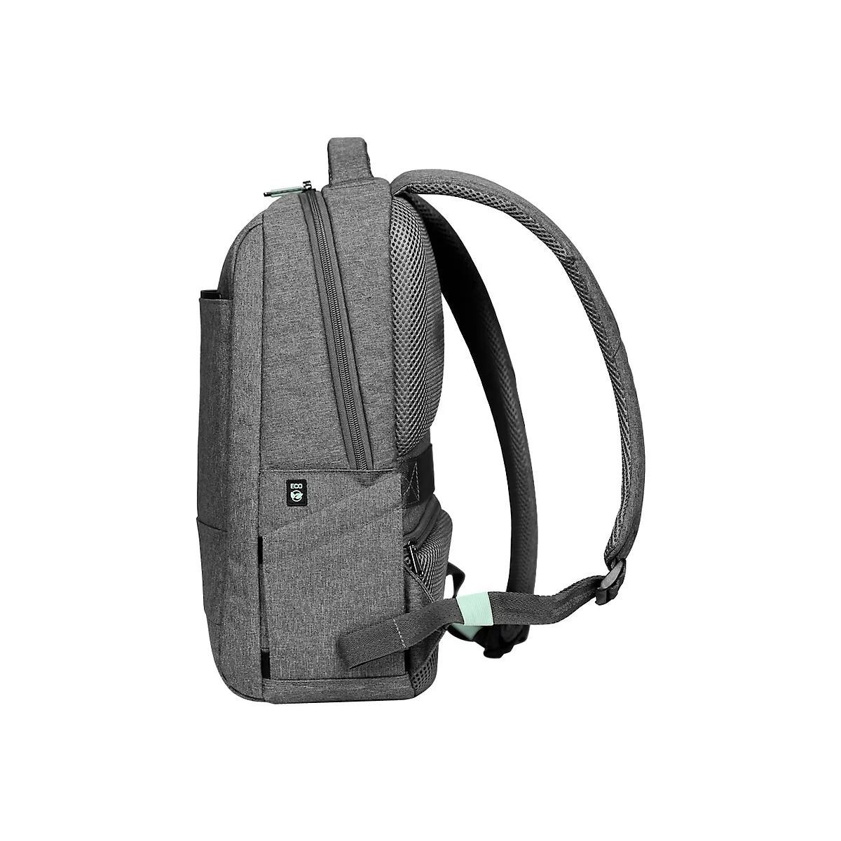 Grauer Rucksack, Seitenansicht, Träger und Rückenpolsterung gut erkennbar, ECO-Logo.