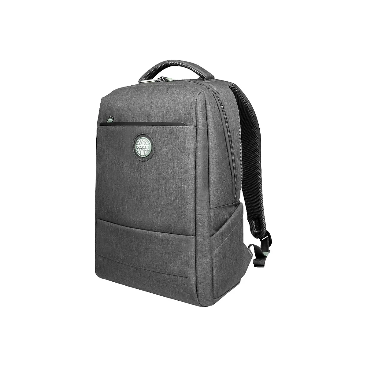 Grauer Rucksack mit Griff und Logo. Rechteckiges Design mit Schultergurten. Auf hellem Hintergrund.
