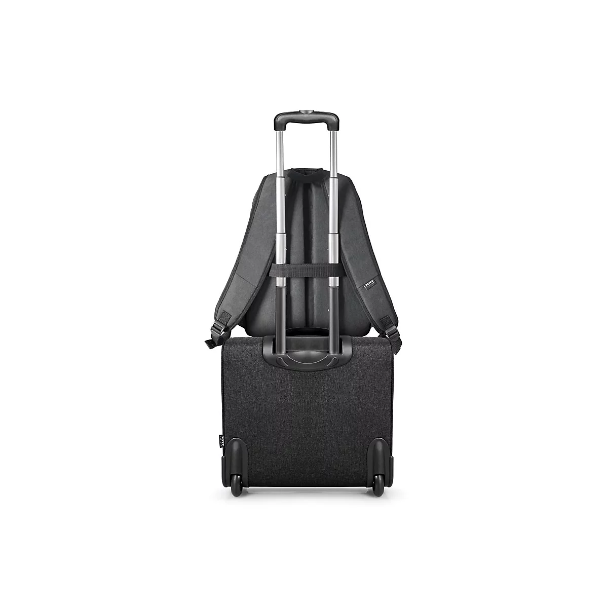 Schwarzer Trolley mit Rucksack, beides auf weiÃŸem Hintergrund. Der Rucksack ist auf dem Trolley befestigt.