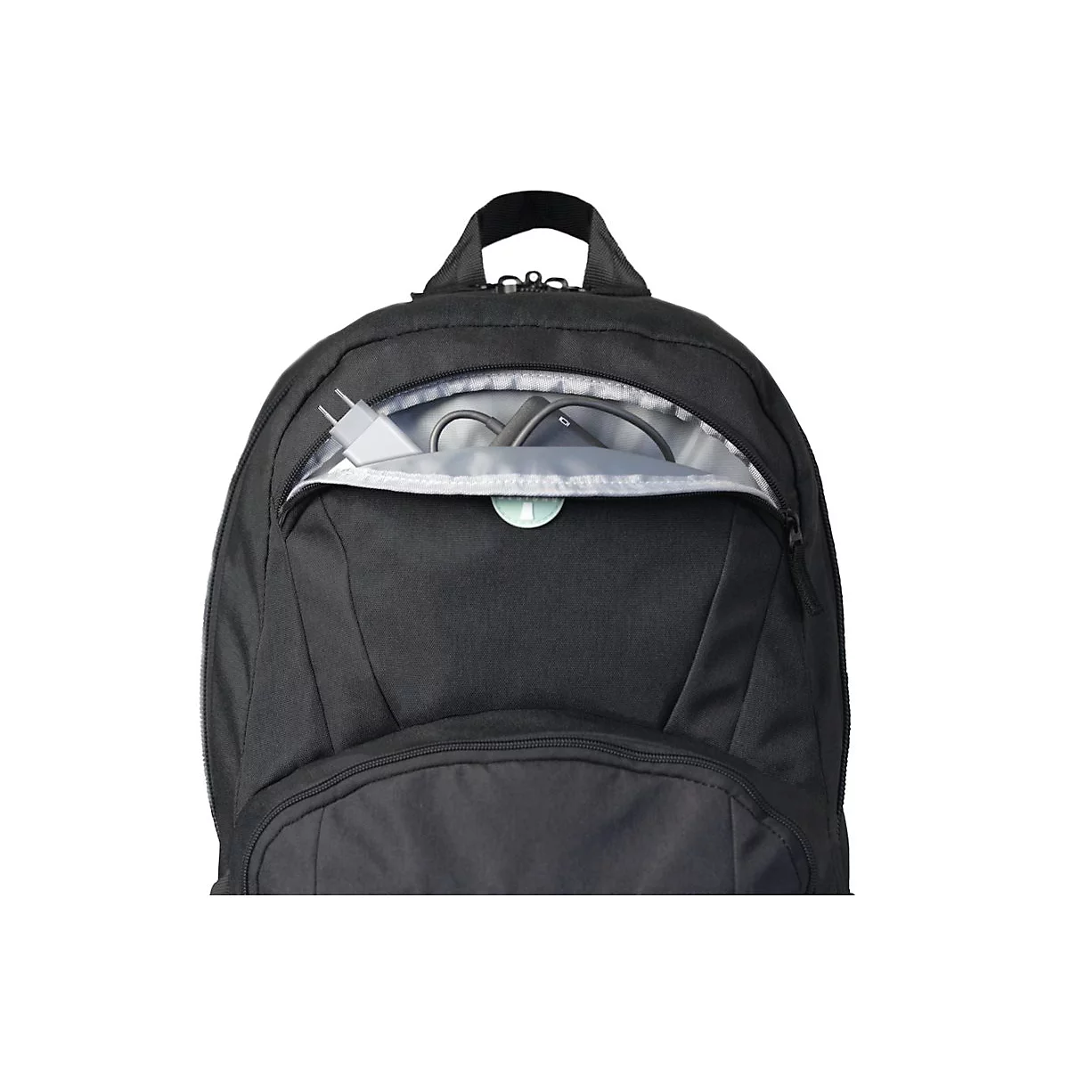 Schwarzer Rucksack mit offenem ReiÃŸverschluss, Innenansicht mit LadegerÃ¤t, Kabeln und ZubehÃ¶r.