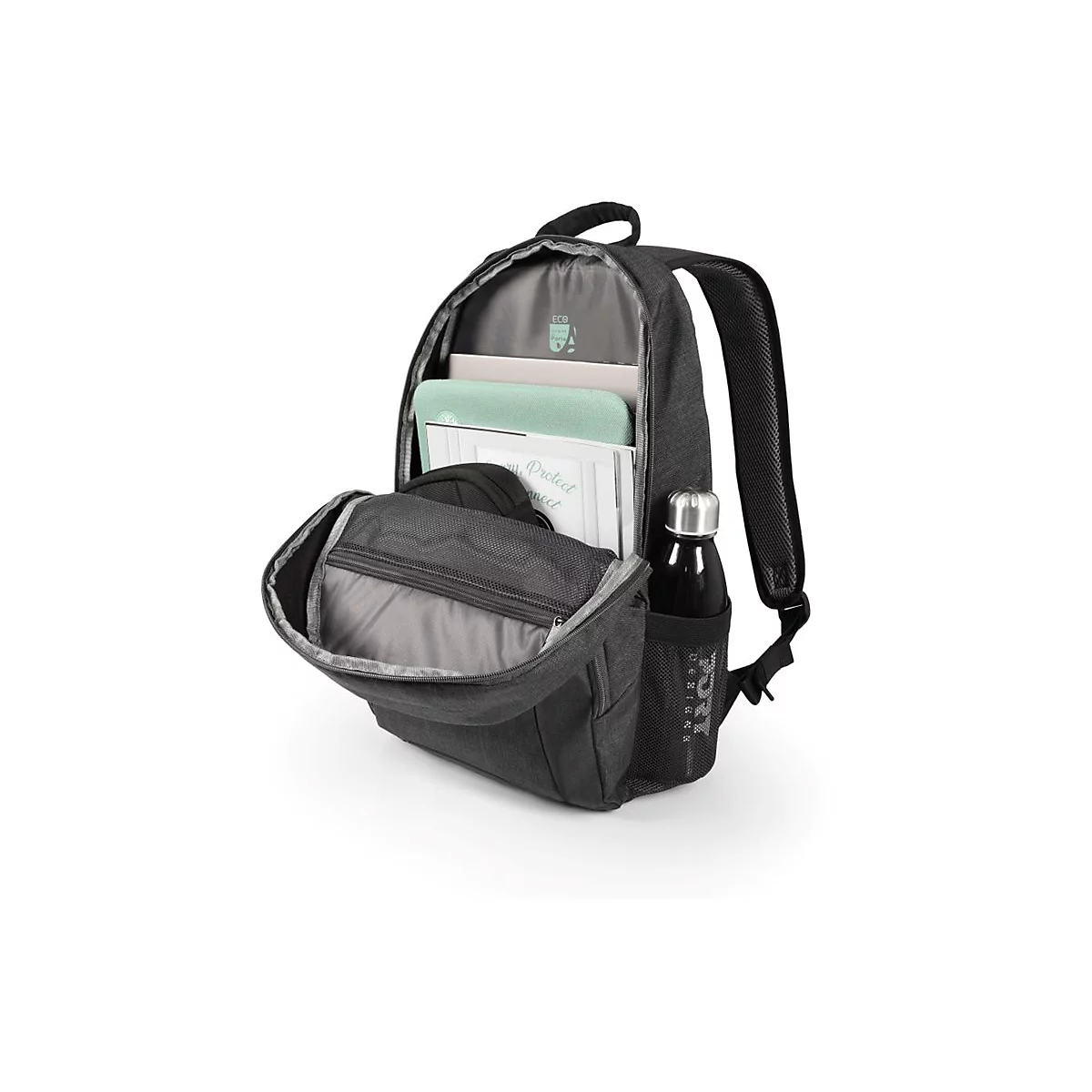 Schwarzer Rucksack mit geÃ¶ffneten FÃ¤chern, gefÃ¼llt mit BÃ¼chern und einer Wasserflasche.
