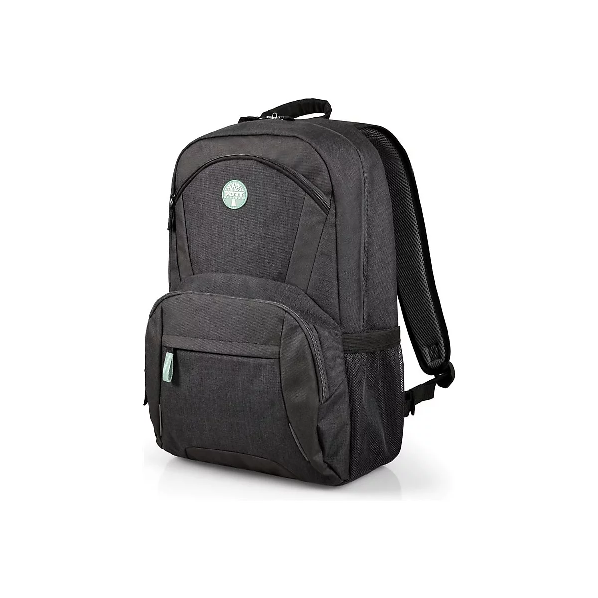 Dunkelgrauer Rucksack mit hellgrÃ¼nen Details, wie einem ReiÃŸverschluss und einem Logo. Der Rucksack ist leicht schrÃ¤g fotografiert.