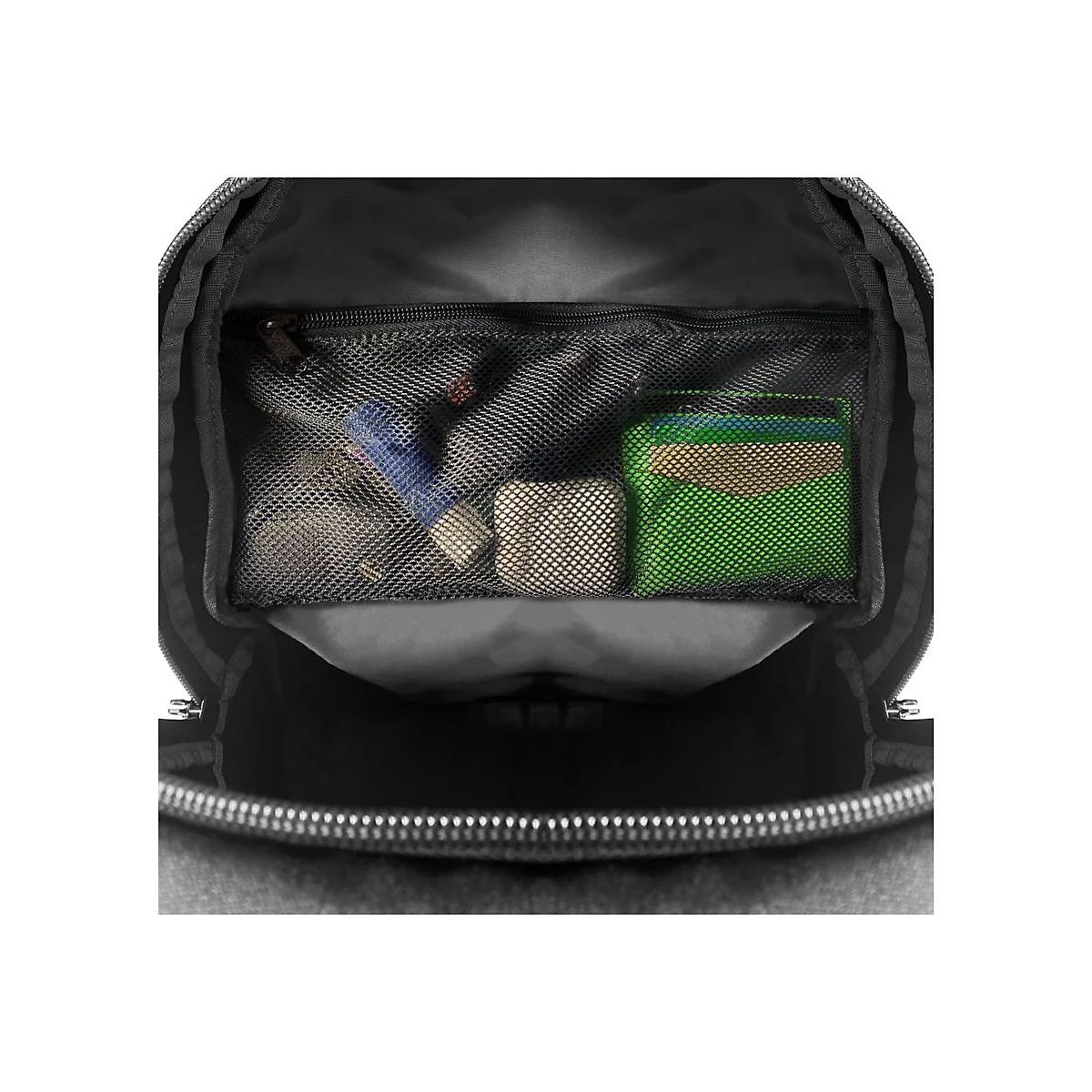 Schwarzer Rucksack-Innenraum mit Netztasche, gefÃ¼llt mit verschiedenen GegenstÃ¤nden: Asthmaspray, Karten, ein kleines Tuch.