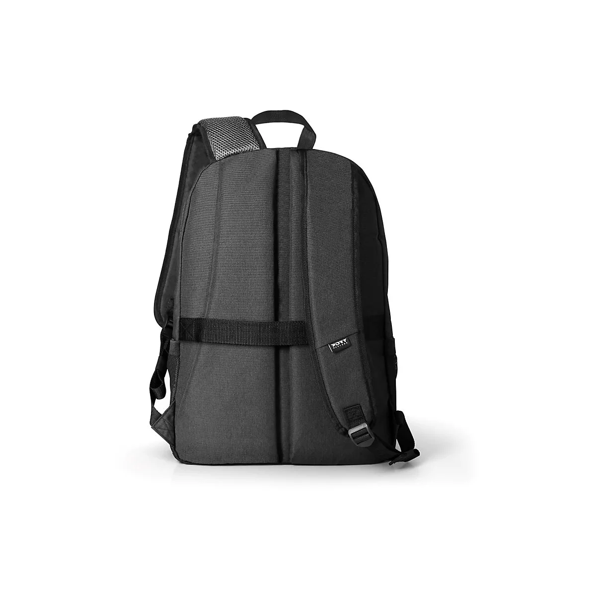Ein schwarzer Rucksack von hinten, mit Schultergurten und Trageschlaufe, steht vor weiÃŸem Hintergrund.