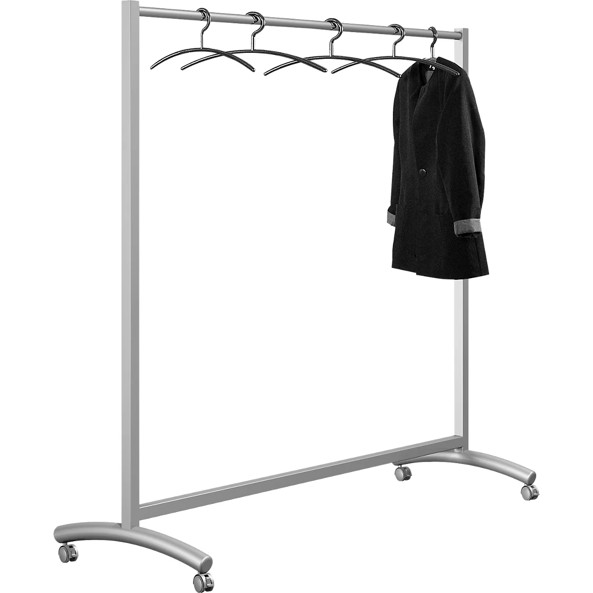 Portant mobile Event, L 1780 x P 530 x H 1710 mm, tube acier, argent, avec 10 cintres noirs, roulettes doubles pivotantes
