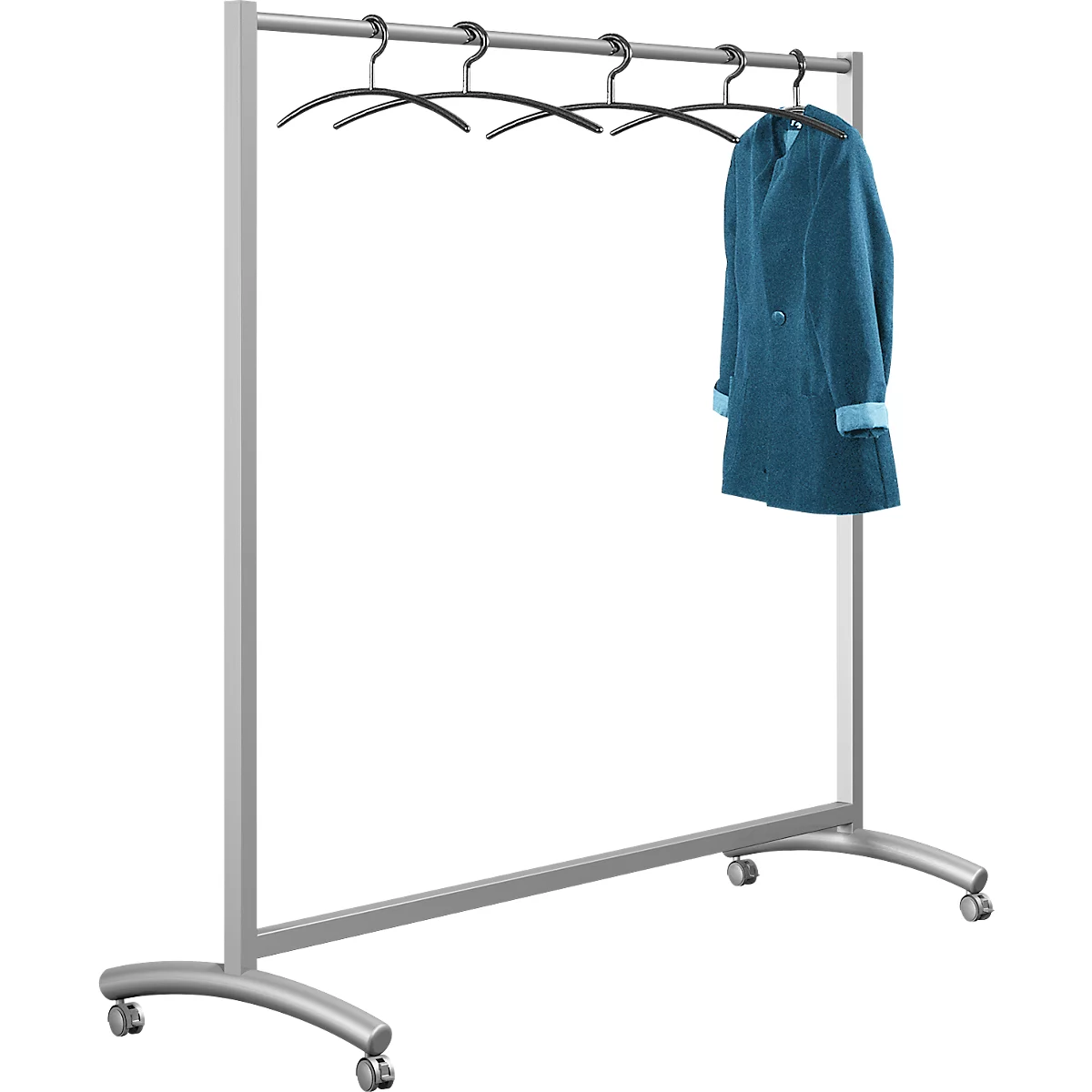 Portant mobile Event, L 1780 x P 530 x H 1710 mm, tube acier, argent, avec 10 cintres noirs, roulettes doubles pivotantes