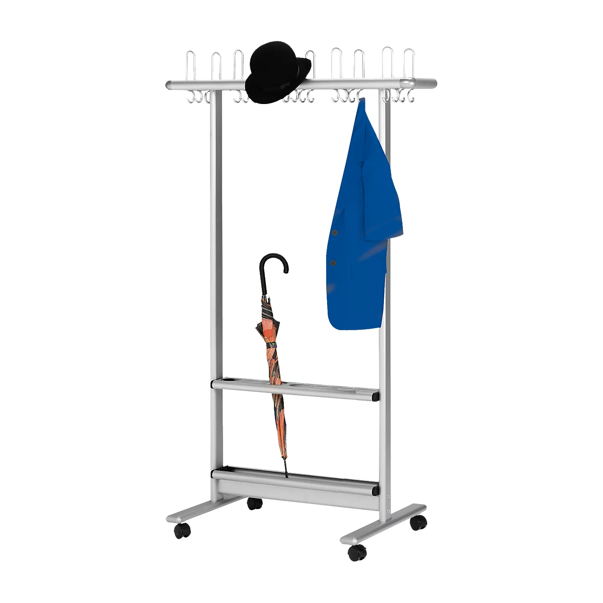 Portant mobile, l. 1060 x H 1700 mm, avec 20 crochets pour manteaux et 10 pour chapeaux