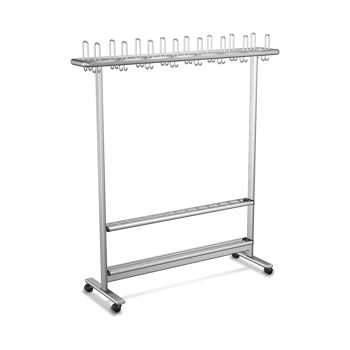 Portant mobile, l. 1660 x H 1700 mm, avec 32 crochets pour manteaux et 16 pour chapeaux