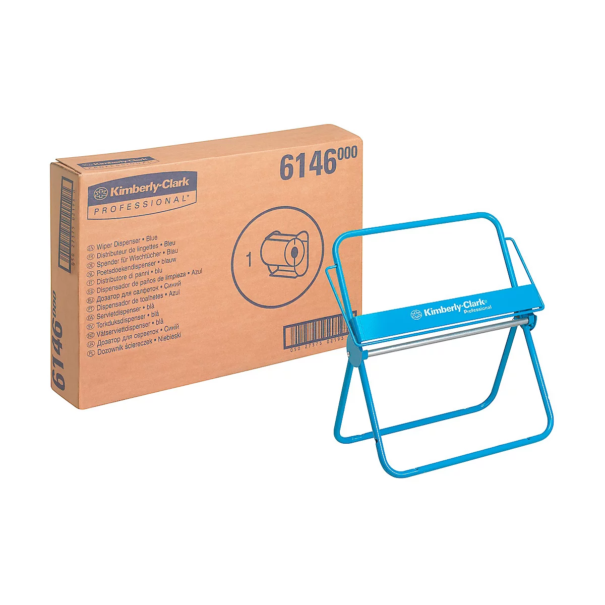 Un dispensador de pañuelos azul junto a una caja de cartón marrón. La caja dice "Kimberly-Clark PROFESSIONAL".