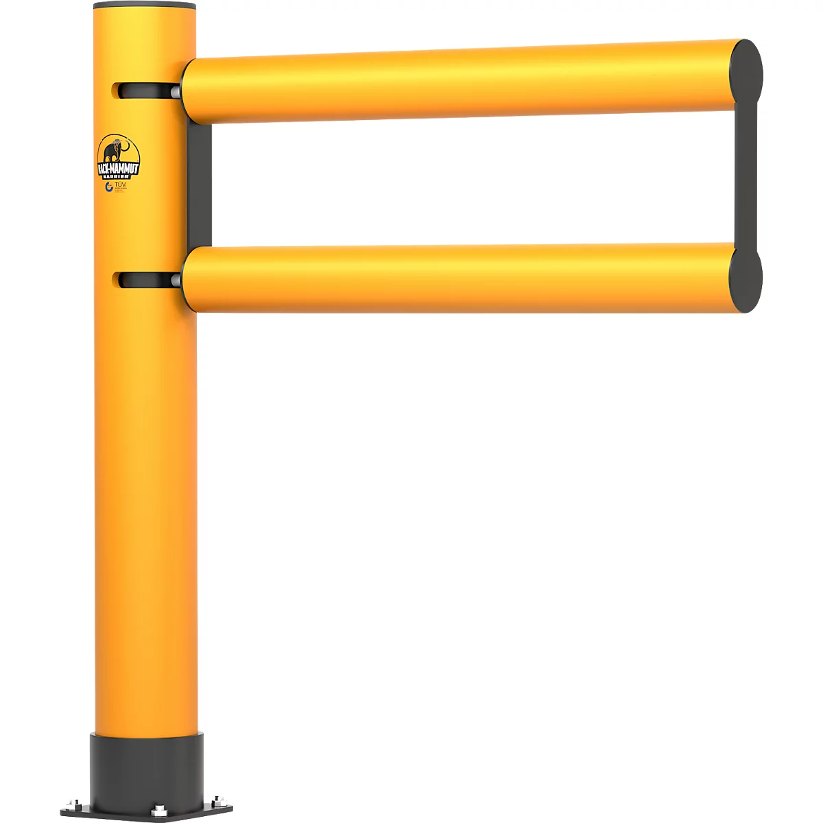 Barrière de stationnement jaune et noire, deux barres horizontales, logo.