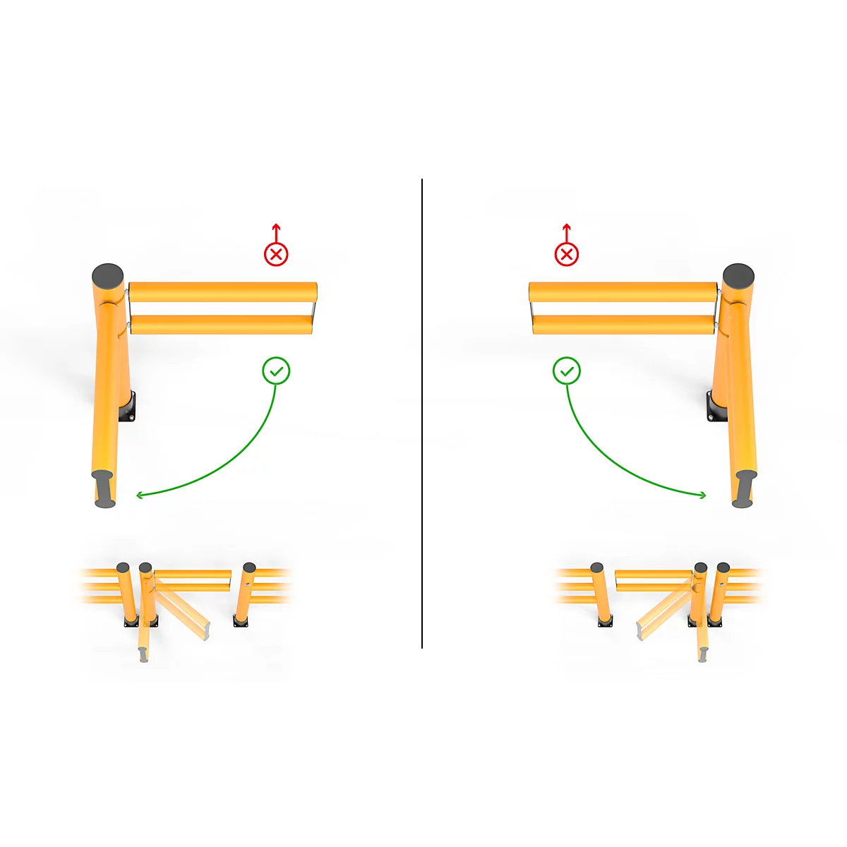 Deux bornes jaune et noir, avec des crochets verts et des croix rouges, indiquant une limite de chemin. Différentes positions.