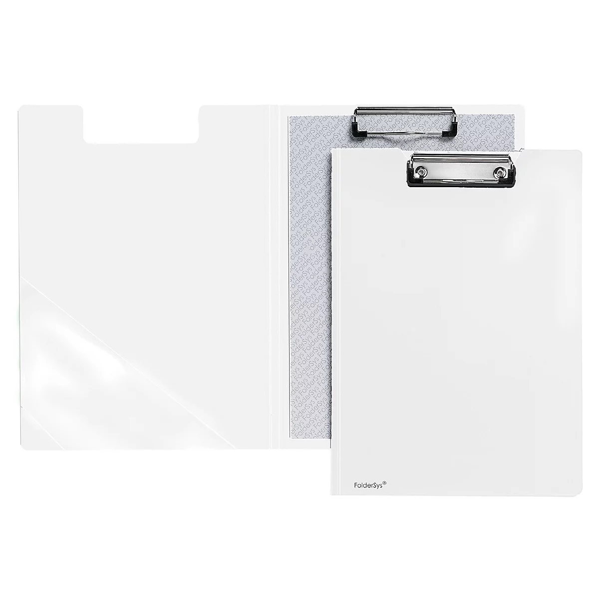 Porte-bloc A4, clip avec coins en plastique, pochette transparente triangulaire à l'intérieur, PP, blanc