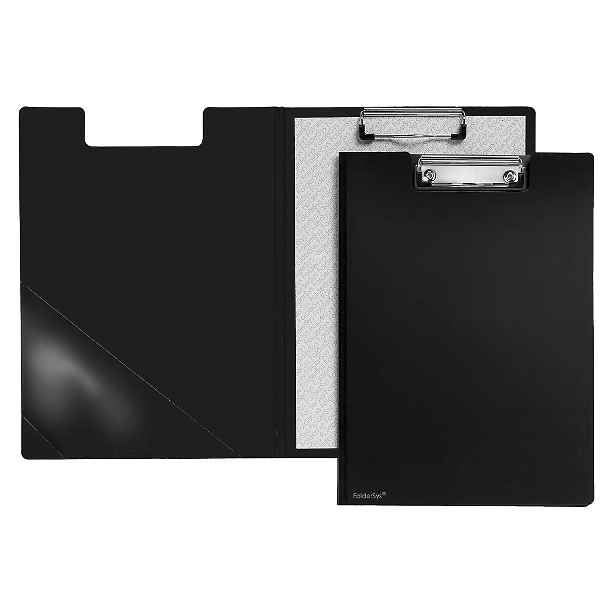 Porte-bloc noir avec papier et pince métallique. Ouvert, papier à l'intérieur.