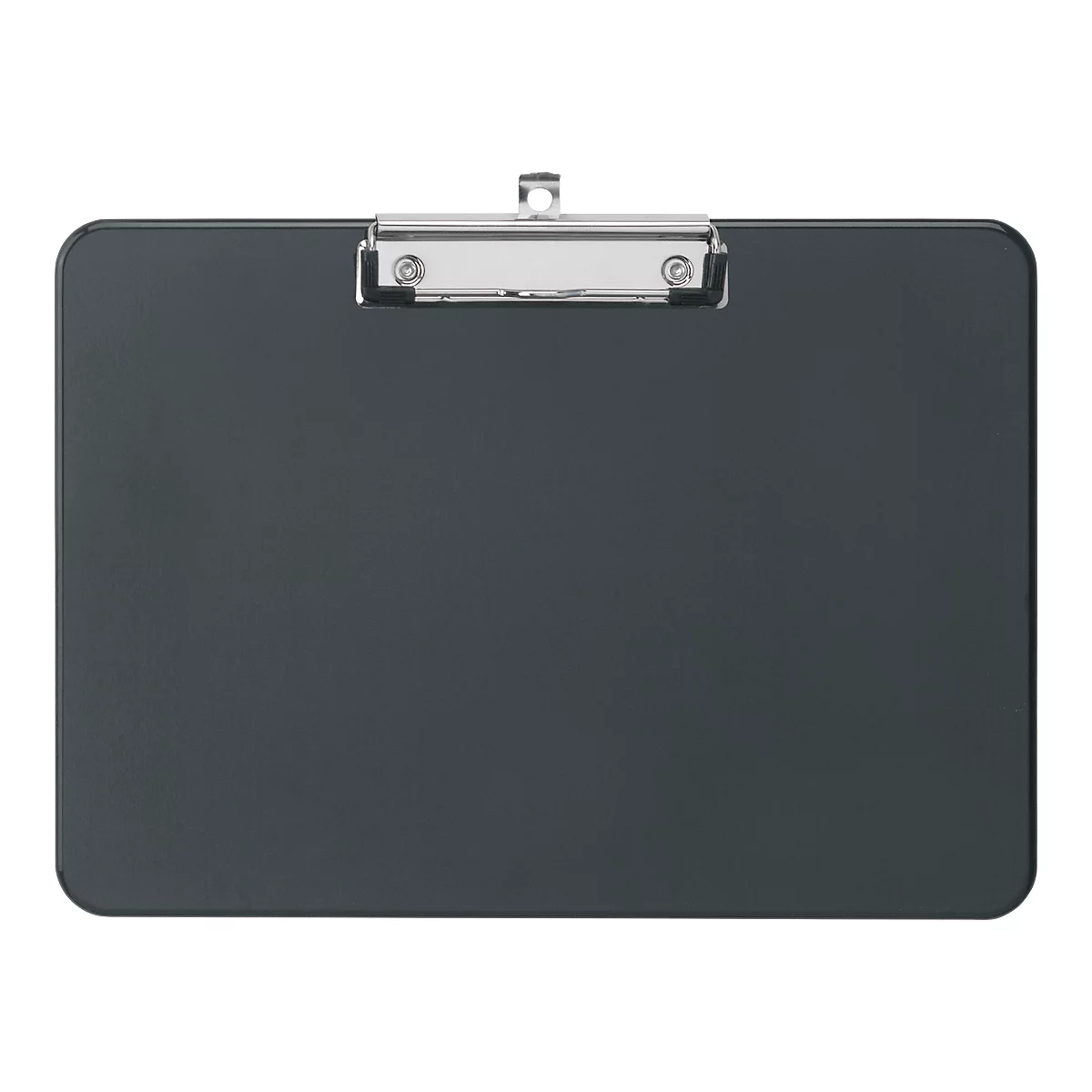 Tablette à pince gris foncé avec pince argentée.