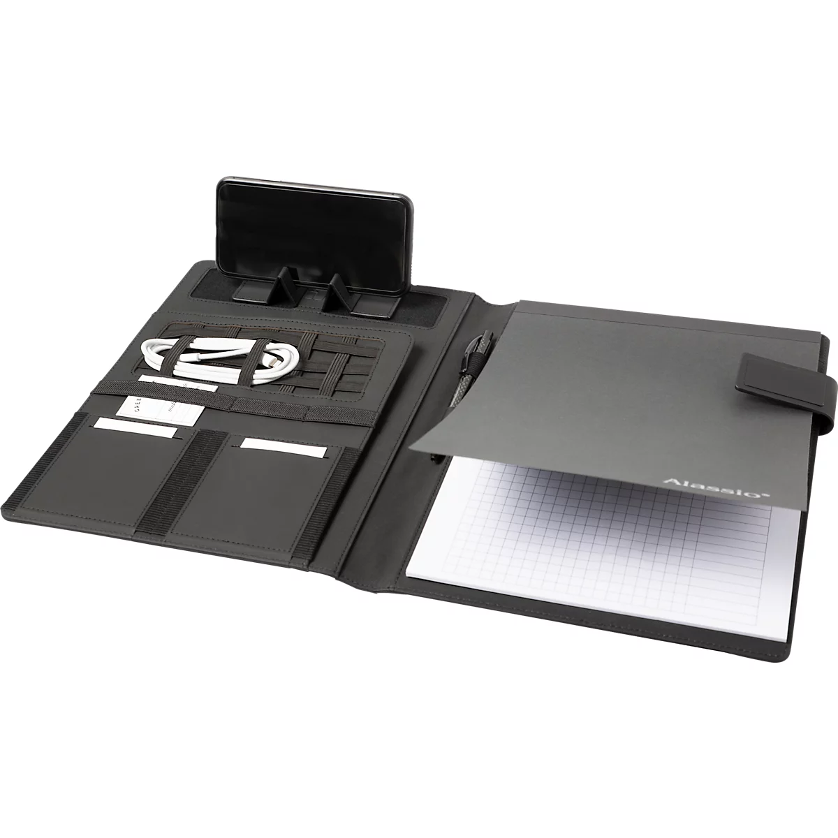 Porte-bloc Lightpak®, A4, liens multifonctions, 1 pochette, passant pour stylo, support pour portable/tablette, 1 bloc, fermeture magnétique, RPET, anthracite