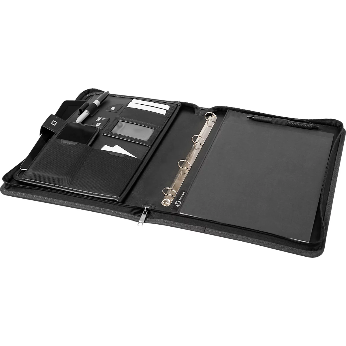 Porte-bloc Lightpak®, A4, poche pour tablette, 2 poches pour cartes SD, poche pour documents, rubans multifonctions, passant pour stylo, bloc, mécanisme à anneaux, RPET, anthracite
