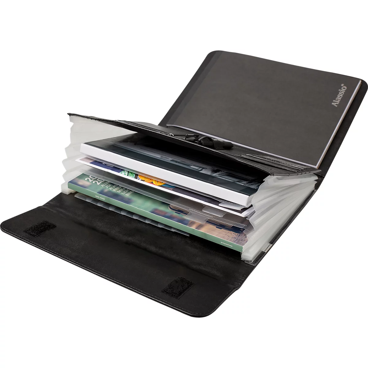 Porte-bloc Lightpak®, A4, pour gauchers/droitiers, 13 compartiments, 2 pochettes, 3 passants pour crayons, 1 bloc, fermeture velcro, RPET, anthracite