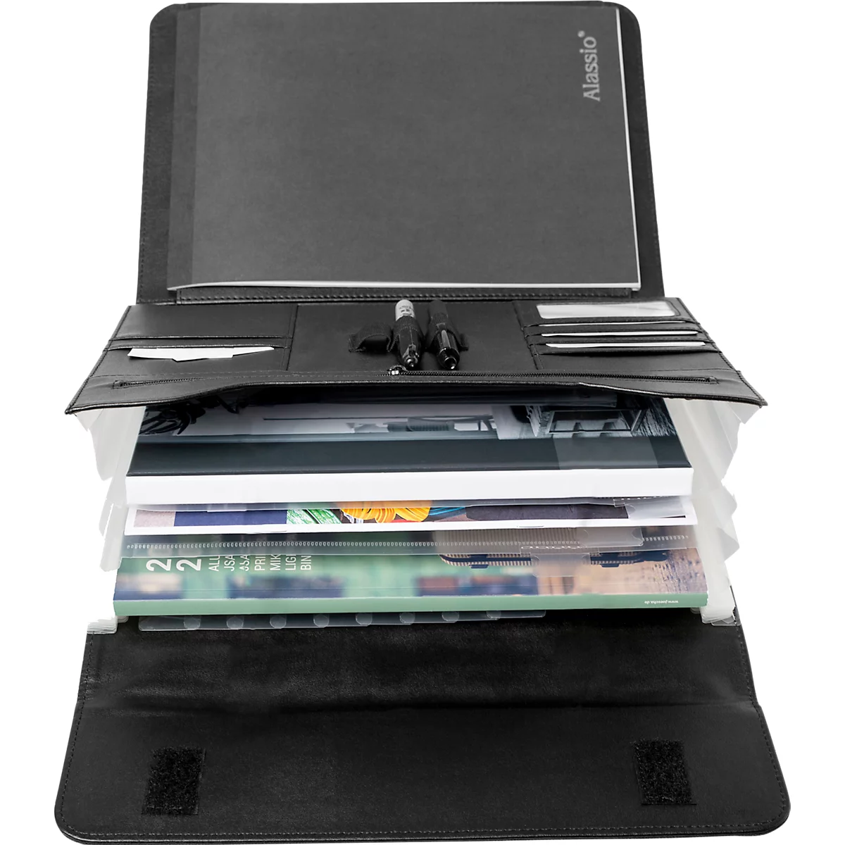Porte-bloc Lightpak®, A4, pour gauchers/droitiers, 13 compartiments, 2 pochettes, 3 passants pour crayons, 1 bloc, fermeture velcro, RPET, anthracite