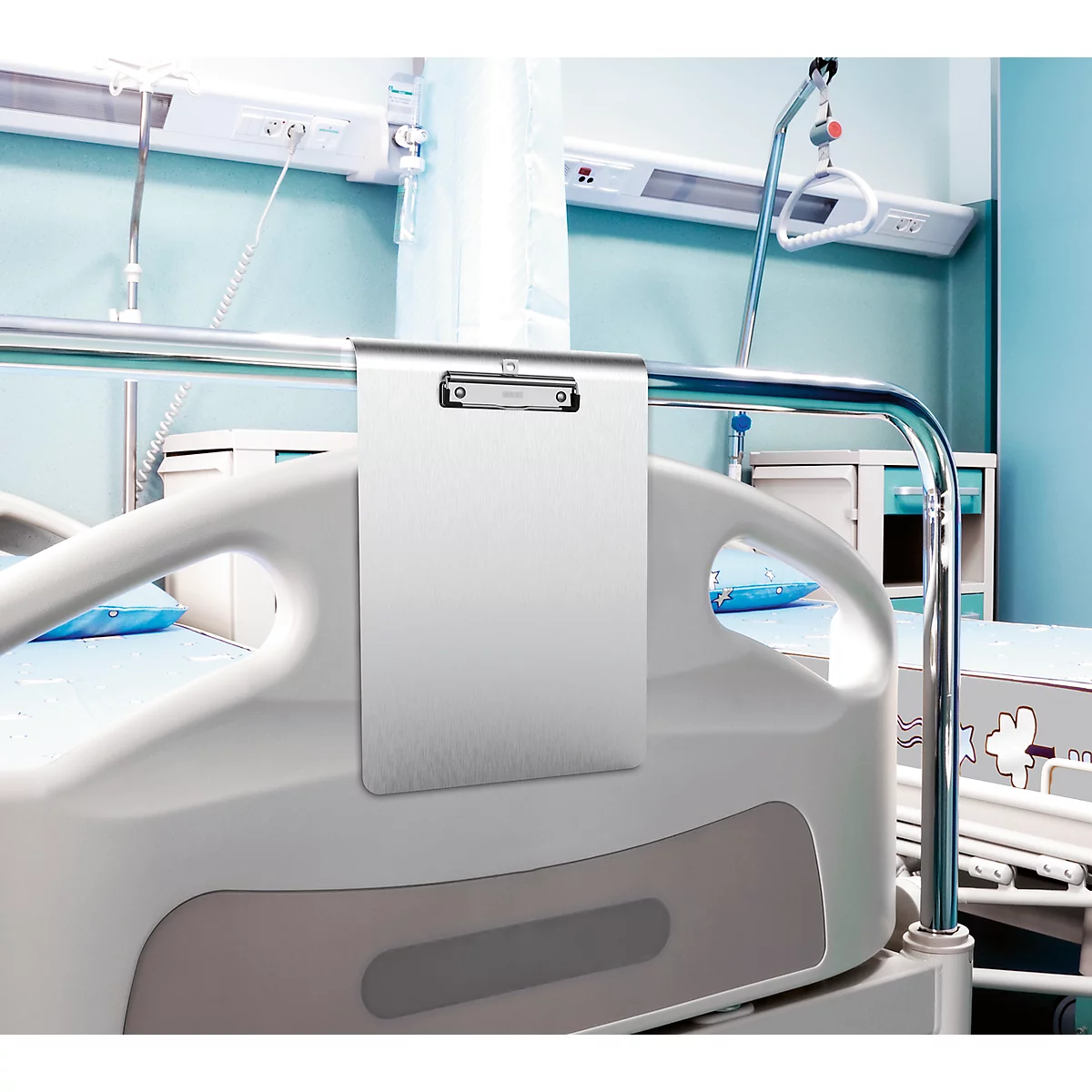 Porte-bloc MAULmedic Maul format A4, largeur de pince de 8 mm, aluminium, adapté pour être accroché, haut
