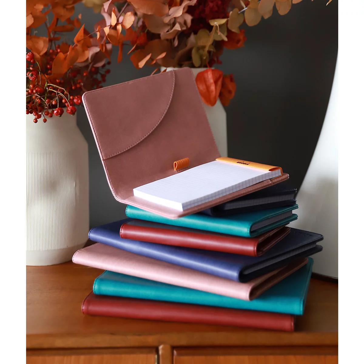 Porte-bloc-notes Rhodia, DIN A6, similicuir, poche intérieure, passant pour stylo