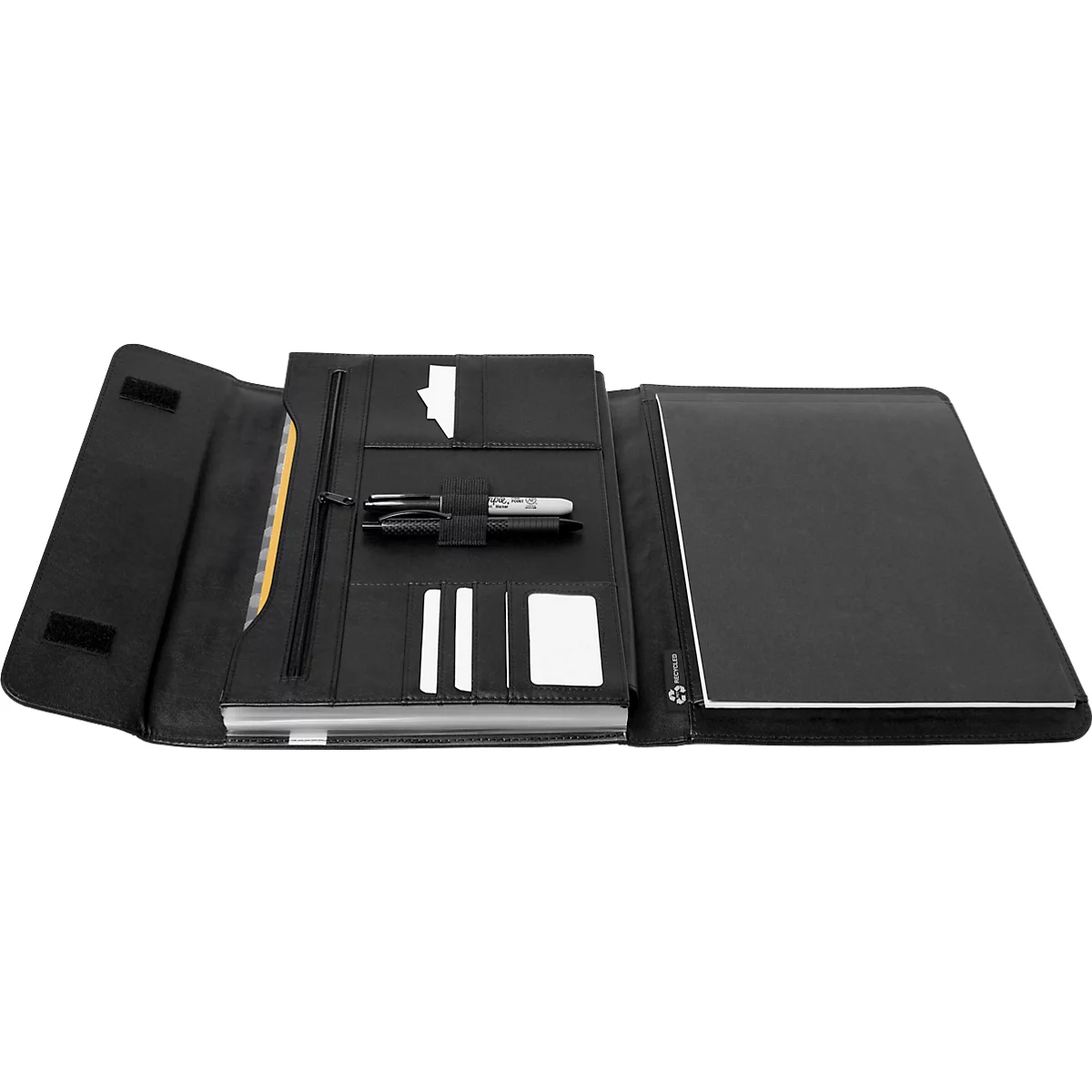 Chemise noire, ouverte, remplie de documents. La fermeture est visible.