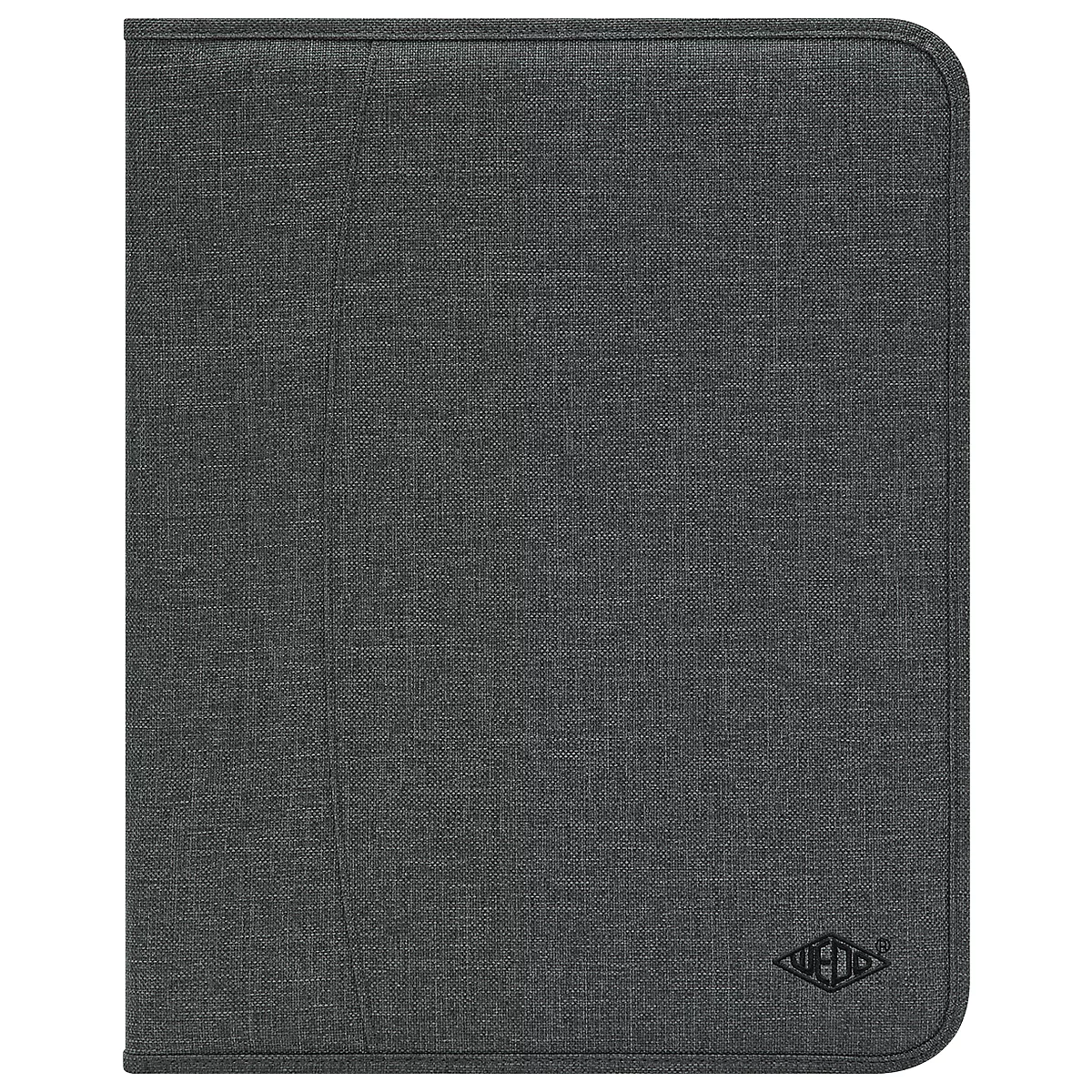 Classeur texturé gris foncé, couture diagonale, logo en bas à droite.