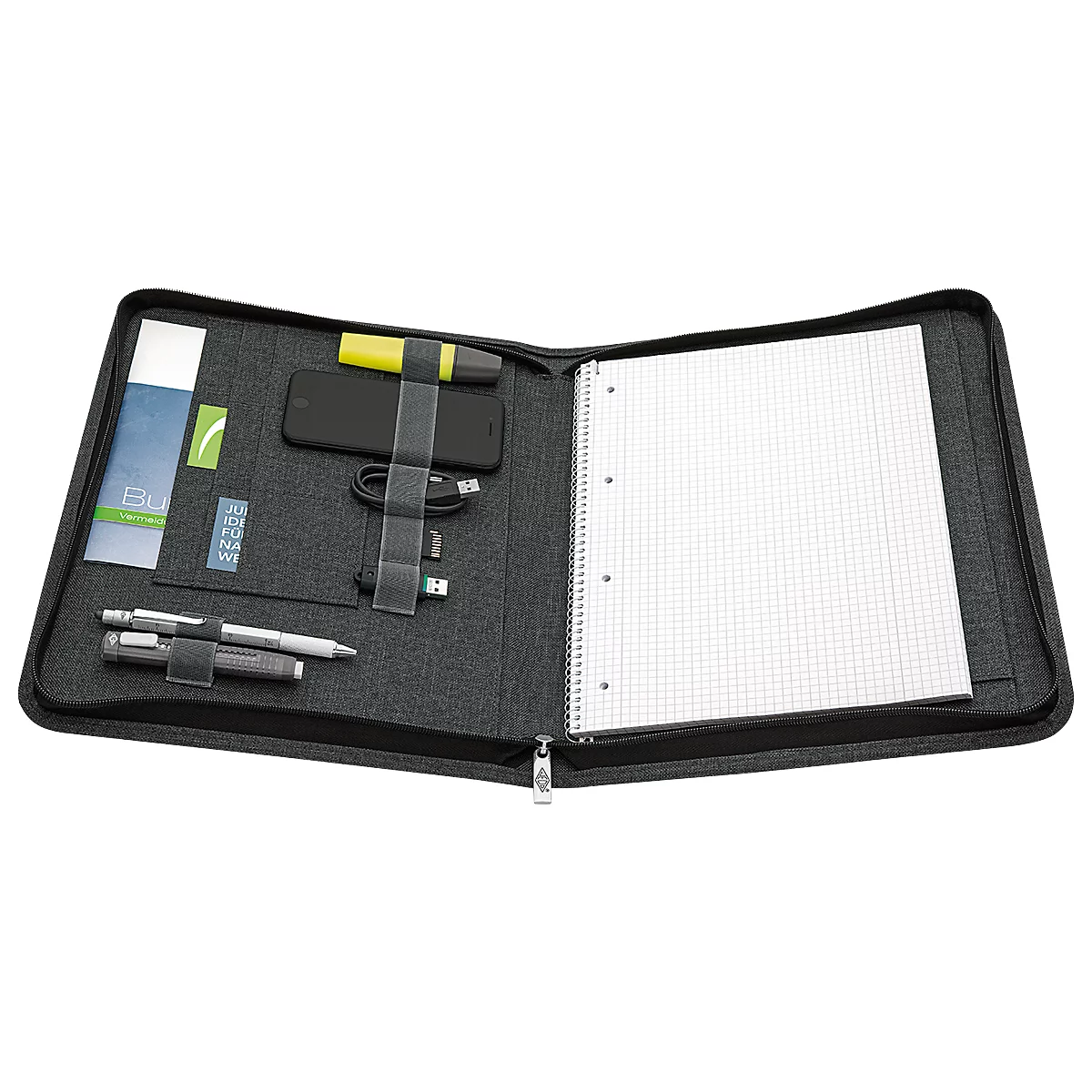 Mallette de documents noire, ouverte, avec stylos, téléphone portable, surligneur et bloc-notes.