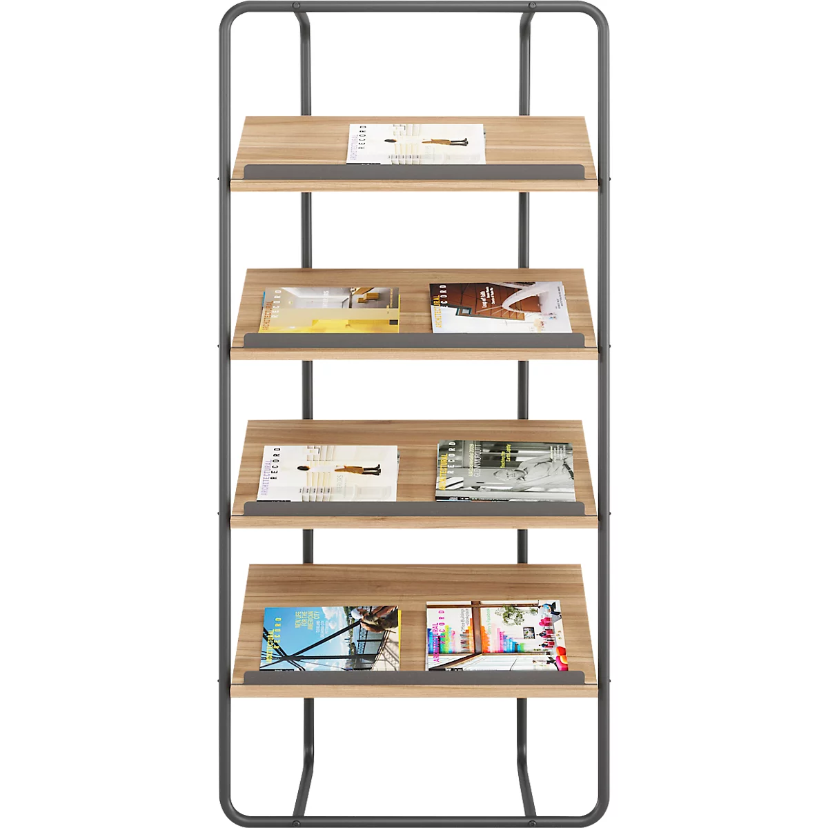 Bibliothèque grise avec étagères en bois, remplie de magazines et de livres.
