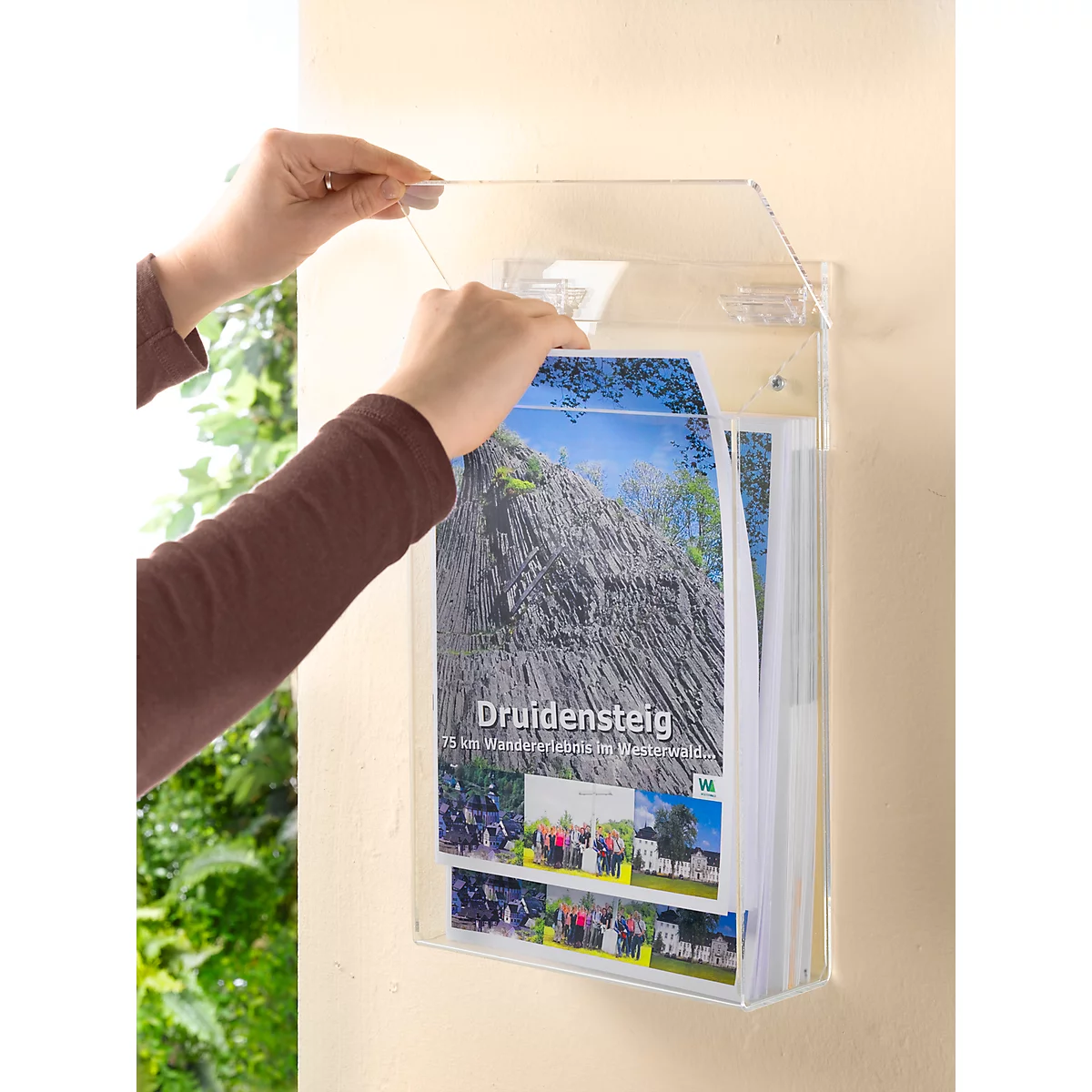 Porte brochures pour l'extérieur, transparent, pour format A4, l. 250 x P 75 x H 380 mm