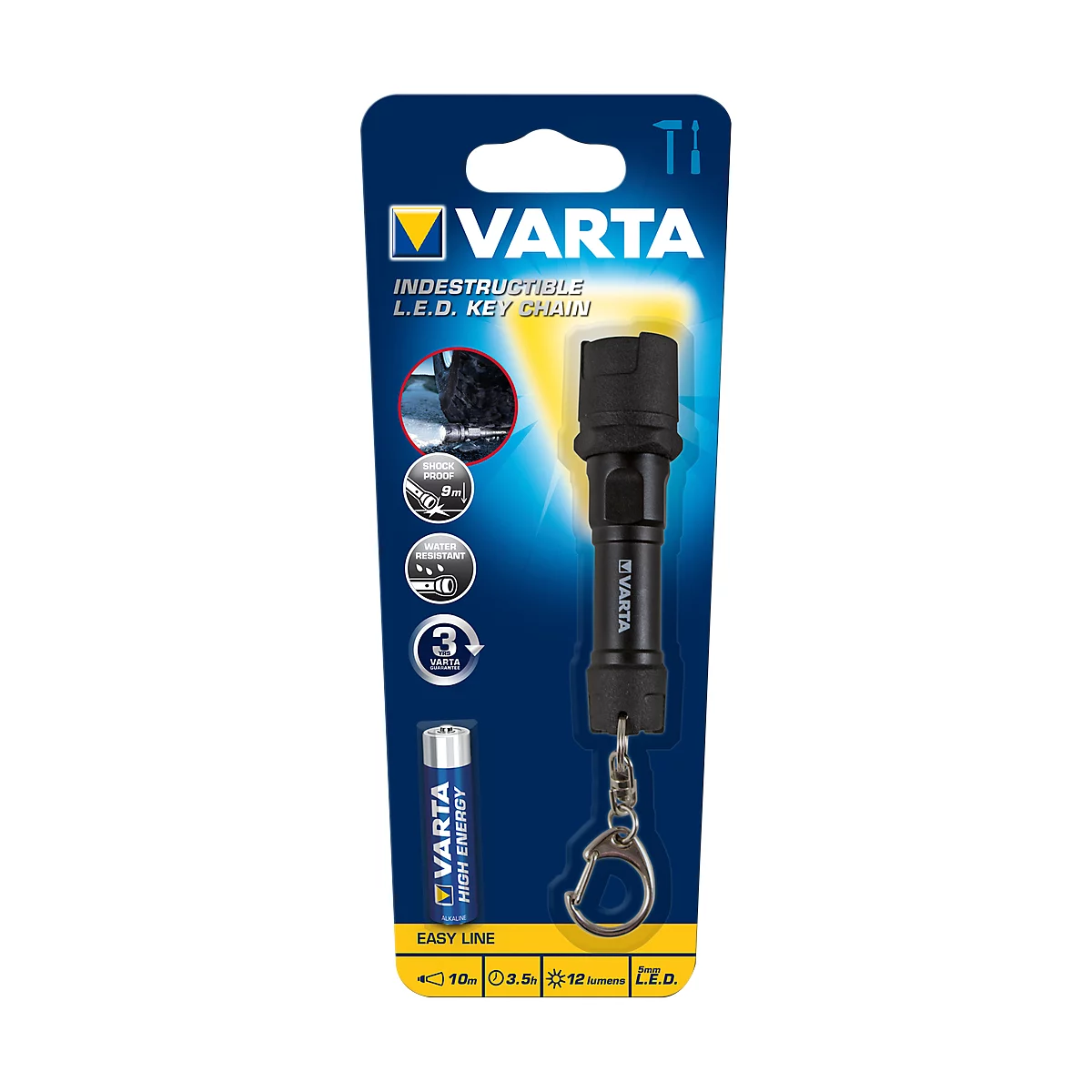 Porte-clé avec lampe de poche LED indestructible Varta, piles 1AAA, 12 Lumen
