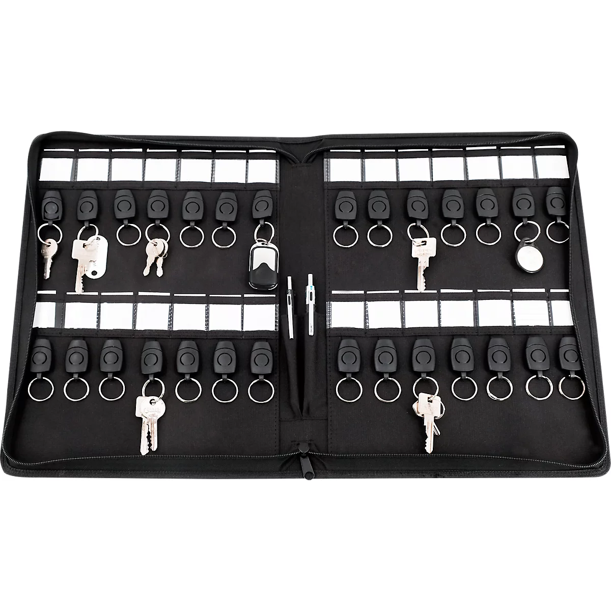 Porte-clés JSA Luzon, format A4, 28 porte-clés amovibles avec pochettes d'inscription, 2 pochettes pour stylos, L 285 x P 40 x H 385 mm, RPET, noir