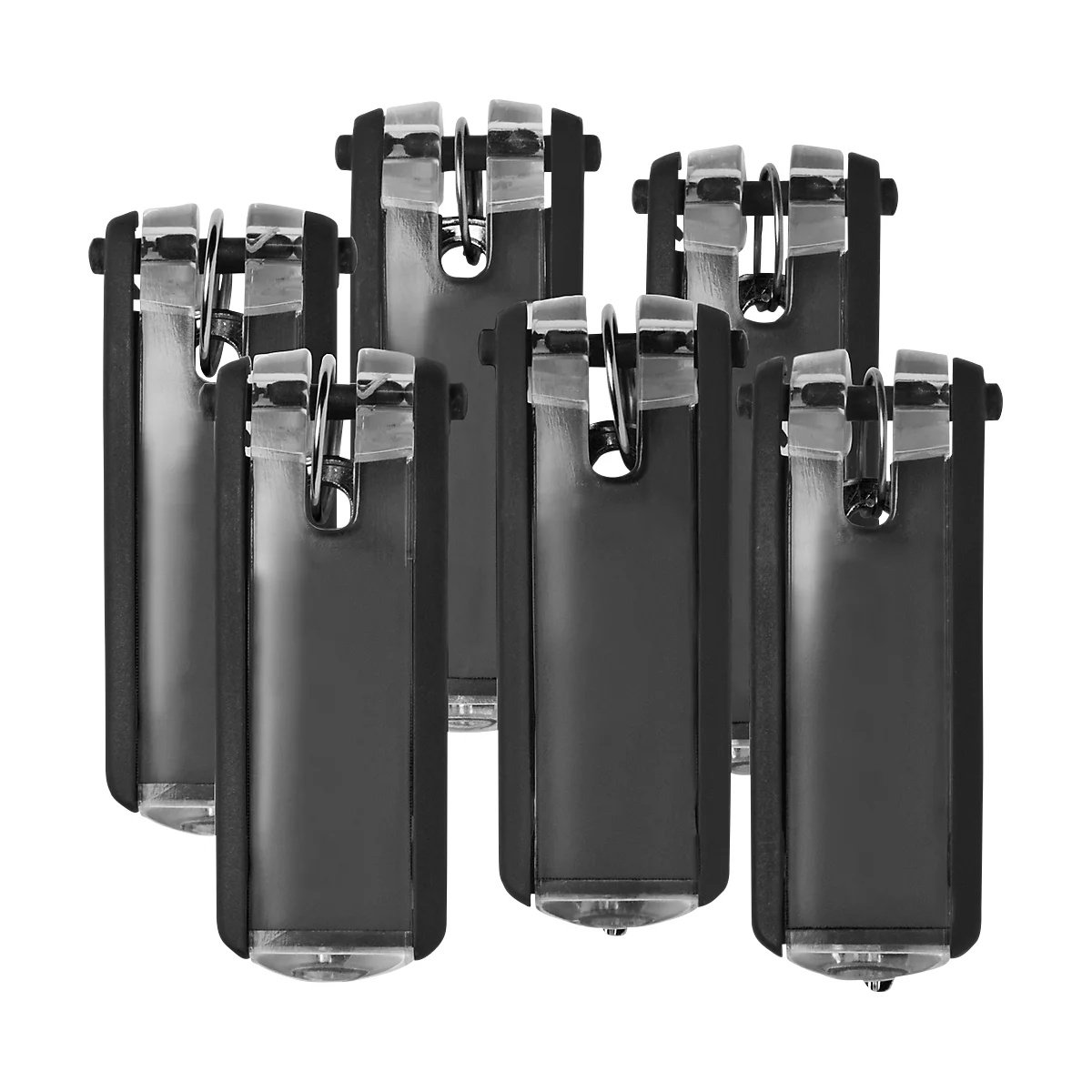 Image en niveaux de gris de six clips noirs identiques avec des supports métalliques et des éléments transparents.