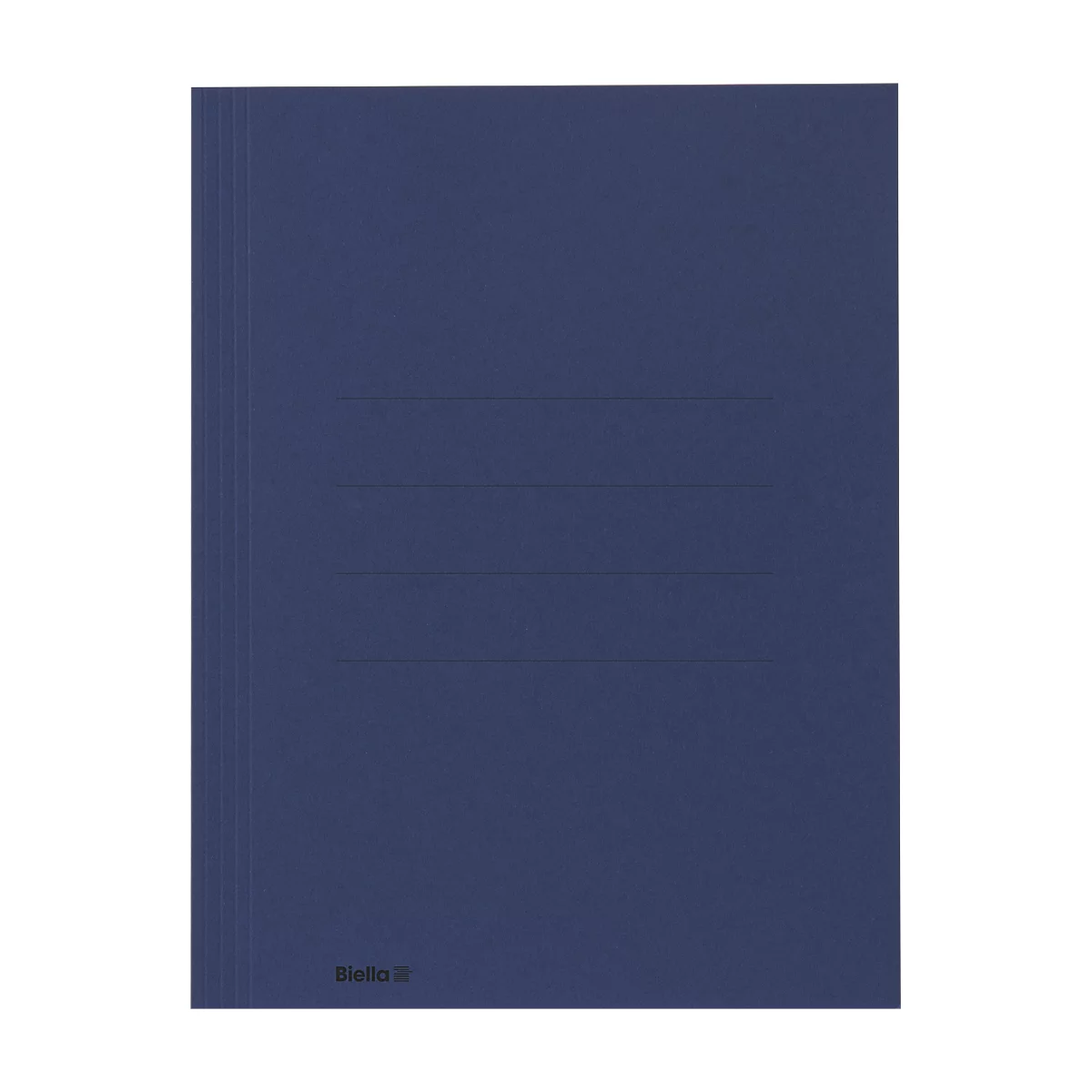 Classeur bleu sur fond blanc. Le classeur est fermé, avec des plis verticaux légèrement visibles.