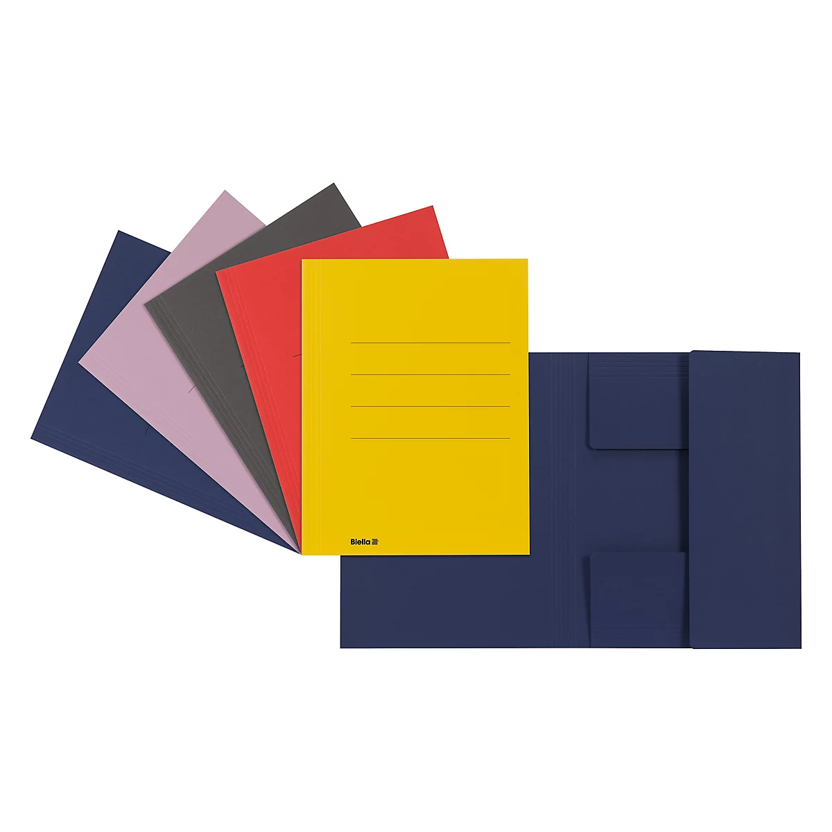 Une pile de dossiers colorés, dont jaune, rouge, gris, violet et bleu.