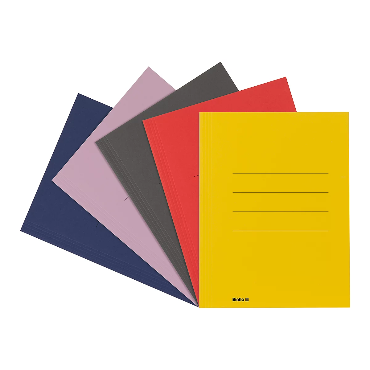 Éventail de cahiers de différentes couleurs. Jaune, rouge, gris, rose et bleu. Le cahier jaune a des lignes pour les notes.