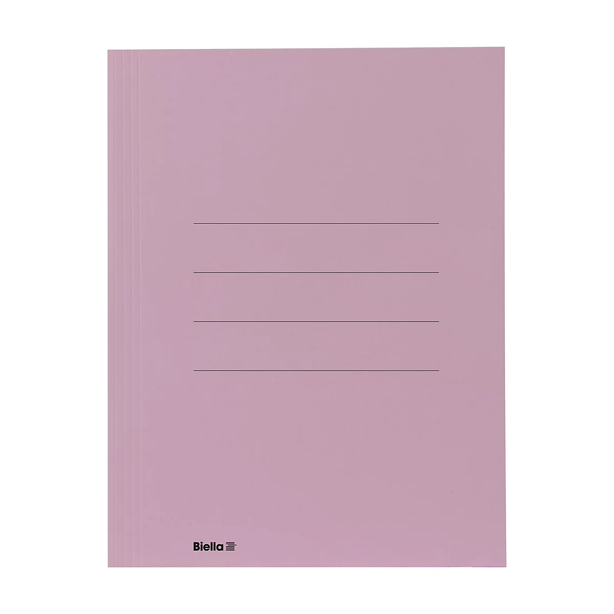 Un classeur rose clair avec trois lignes horizontales et le logo "Biella" en bas à droite.