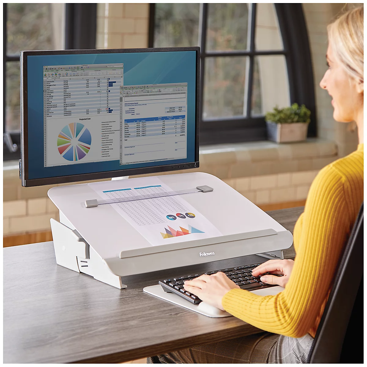 Porte-documents et support d'écriture en métal Hana™ Fellowes, avec tiroir d'accessoires, réglable en hauteur et en angle, blanc