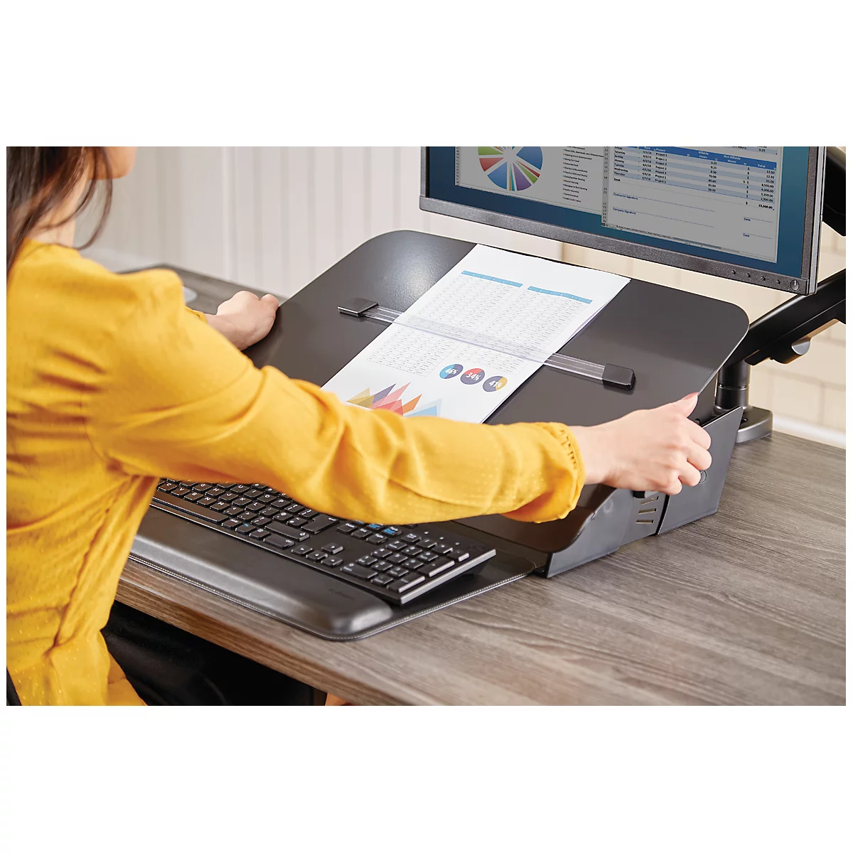 Porte-documents et support d'écriture en métal Hana™ Fellowes, avec tiroir d'accessoires, réglable en hauteur et en angle, noir