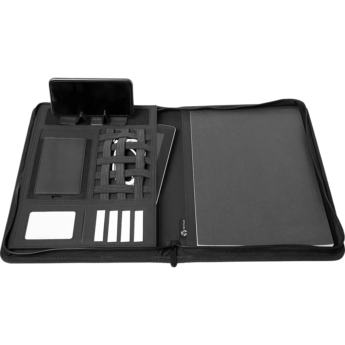 Portefeuille noire, intérieur avec support pour téléphone, tablette, bloc-notes et emplacements pour cartes. Inscription : "Alassio".